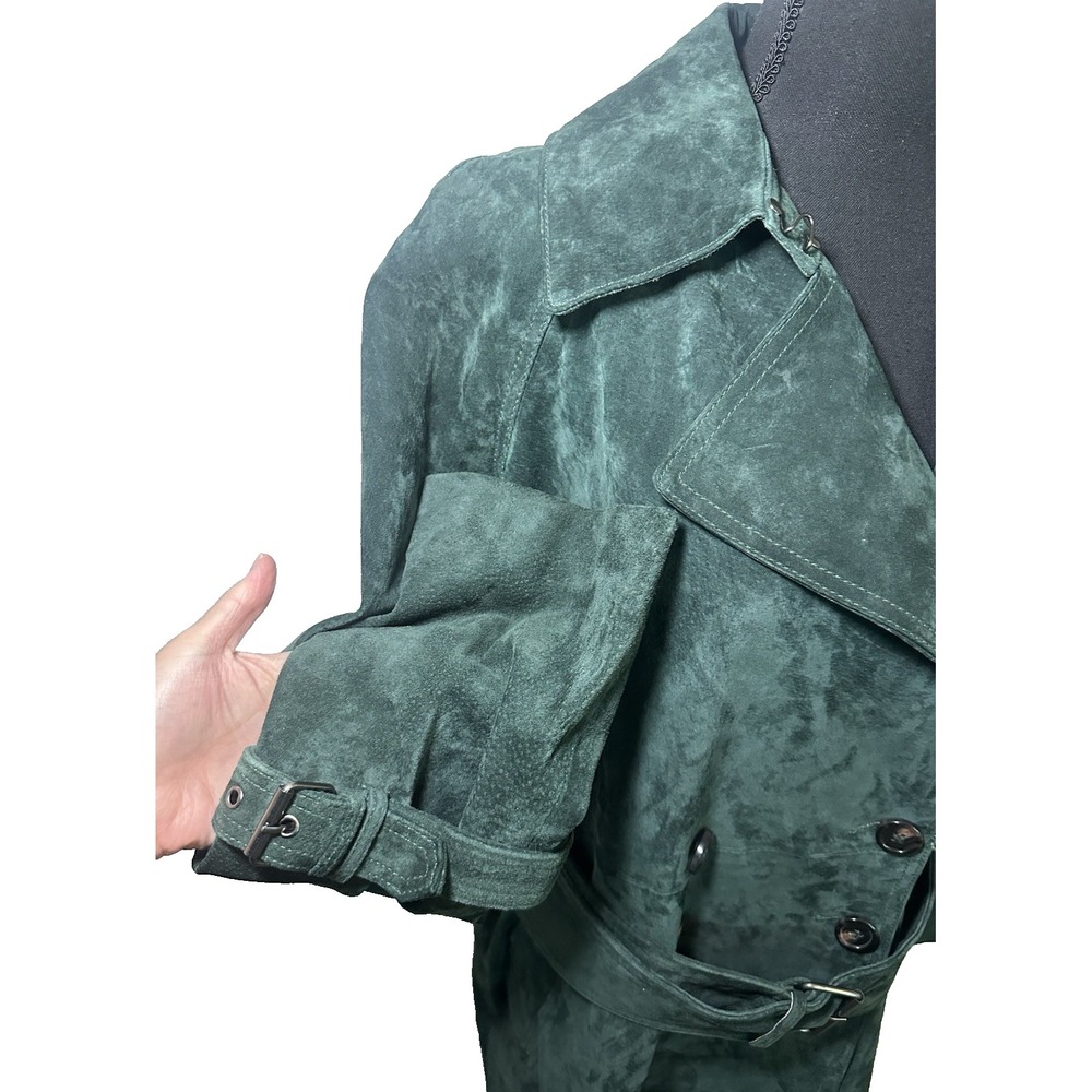 AVEC LES FILLES Foliage Green MEDIUM Genuine Suede Belted Trench Coat Luxury - Picture 10 of 16